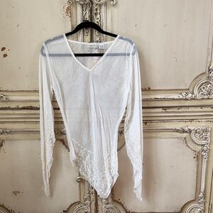 Mademoiselle White Sheer V-Neck asymmetrical Embroidered Top